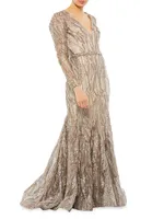 Embellished Long-Sleeve Plunge-Neck Trumpet Gown