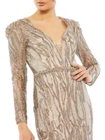 Embellished Long-Sleeve Plunge-Neck Trumpet Gown