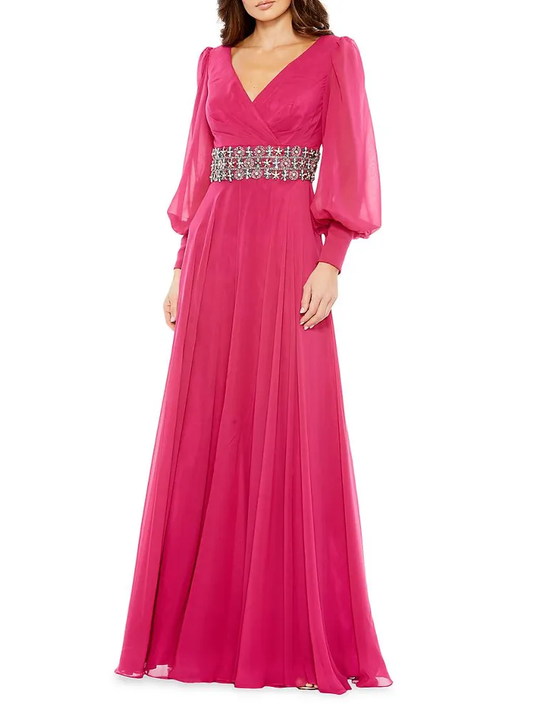 Bishop-Sleeve Wrap Belted Flowy Gown