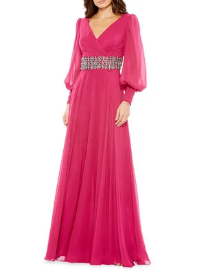 Bishop-Sleeve Wrap Belted Flowy Gown