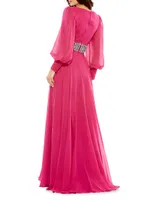 Bishop-Sleeve Wrap Belted Flowy Gown