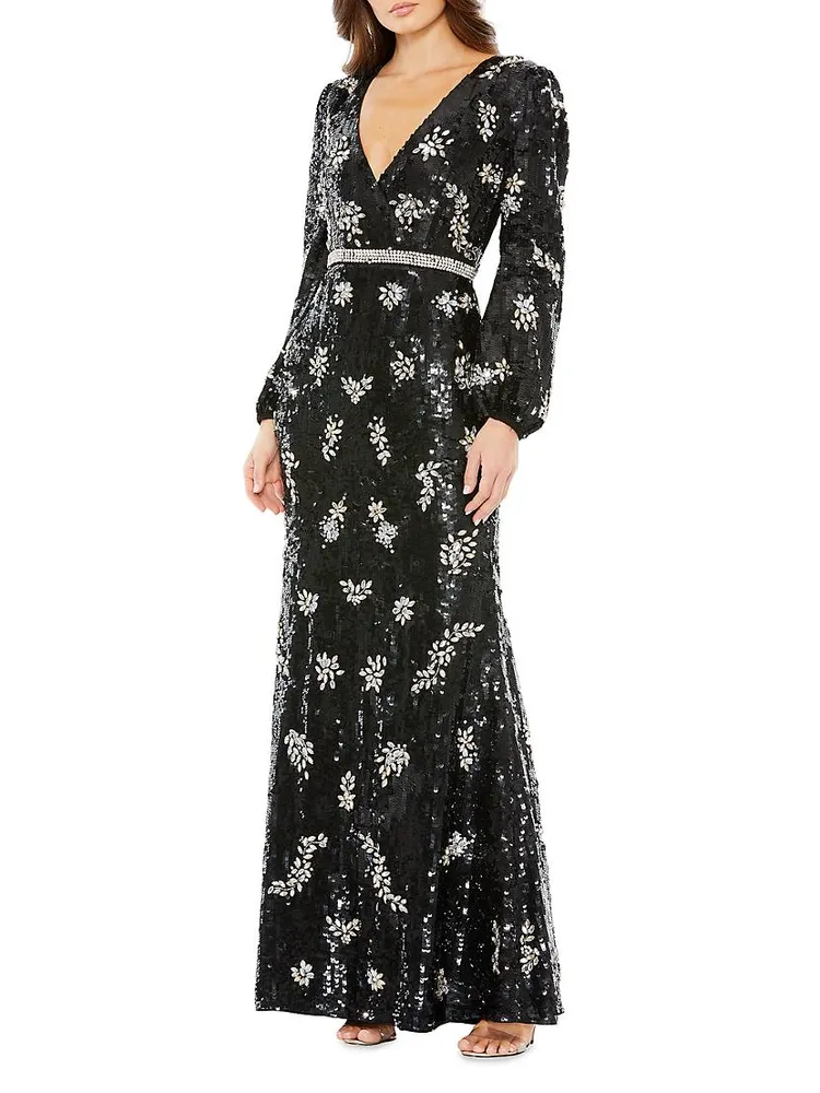 Embellished Wrap Bishop-Sleeve Gown