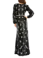 Embellished Wrap Bishop-Sleeve Gown