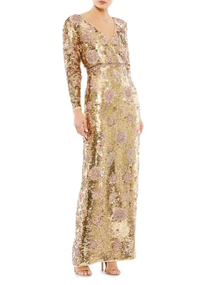 Embellished Wrap-Over Long-Sleeve Column Gown