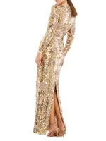 Embellished Wrap-Over Long-Sleeve Column Gown