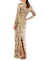 Embellished Wrap-Over Long-Sleeve Column Gown