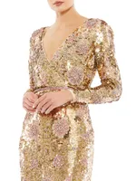 Embellished Wrap-Over Long-Sleeve Column Gown