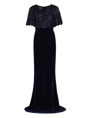 Velvet Sequined Short-Sleeve Gown