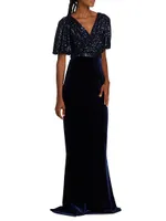 Velvet Sequined Short-Sleeve Gown