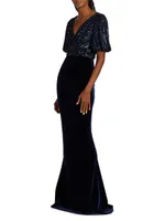 Velvet Sequined Short-Sleeve Gown