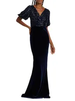 Velvet Sequined Short-Sleeve Gown