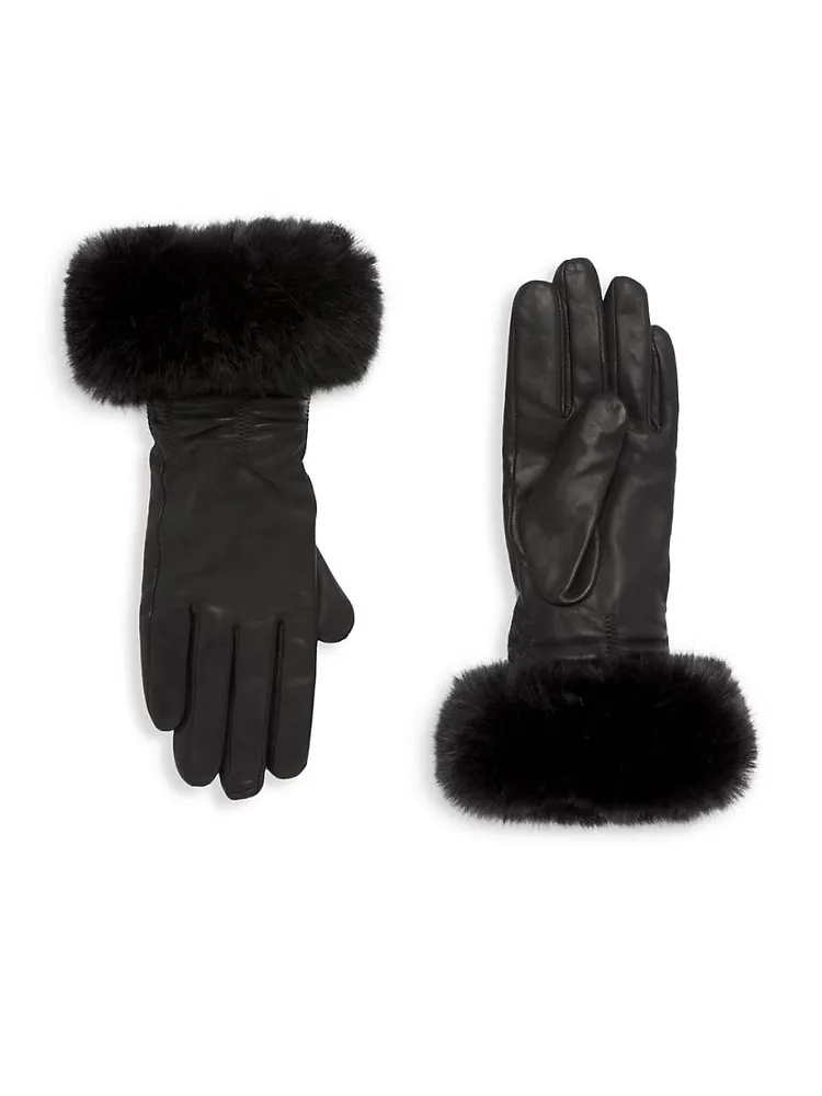 Faux-Fur-Trim Cashmere-Lined Ruched Leather Gloves