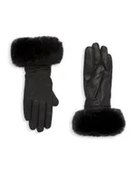 Faux-Fur-Trim Cashmere-Lined Ruched Leather Gloves