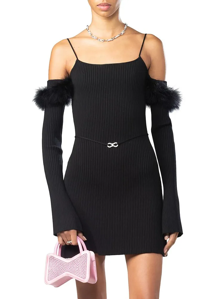 Feather-Embellished Off-The-Shoulder Minidress