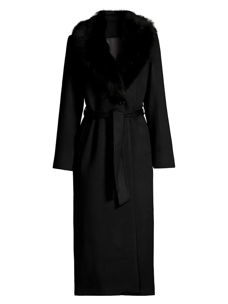 Shearling Long Belted Wrap Coat