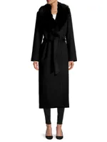 Shearling Long Belted Wrap Coat