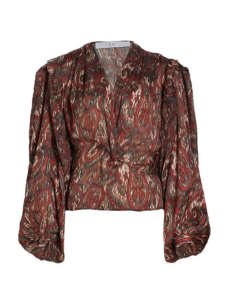 Center-Twist Paisley Silk Blouson Top