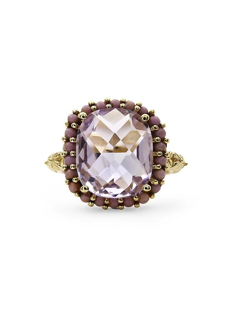 Luxury 18K Yellow Gold, Amethyst, & Phosphosiderite Halo Ring