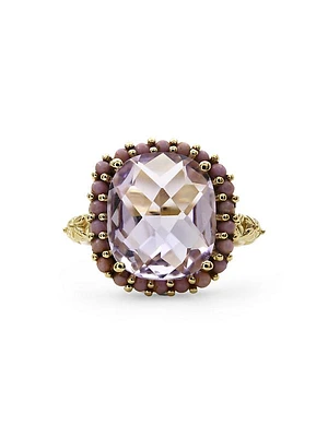 Luxury 18K Yellow Gold, Amethyst, & Phosphosiderite Halo Ring