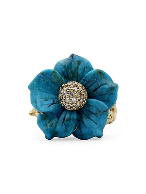 Luxury 18K Yellow Gold, Turquoise, & 0.25 TCW Diamond Flower Ring