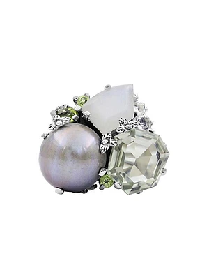 Rockrageous Green Prasiolite, Moonstone, Peridot Pearl & White Topaz Sterling Silver Ring