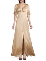 Alli Puff-Sleeve Satin Gown