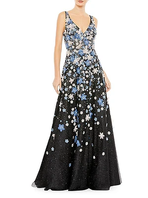 Floral Appliqué V-Neck A-Line Gown