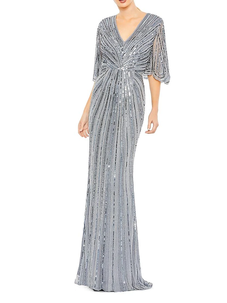 Sequin Flutter-Sleeve Gown