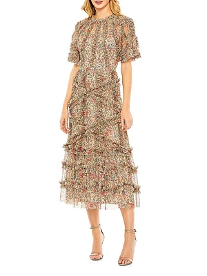 Ruffled Floral Mesh Midi-Dress