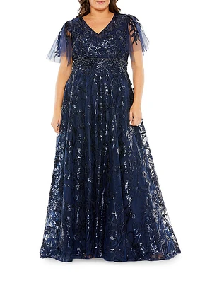 Plus Fabulouss Flutter-Sleeve Embellished Gown