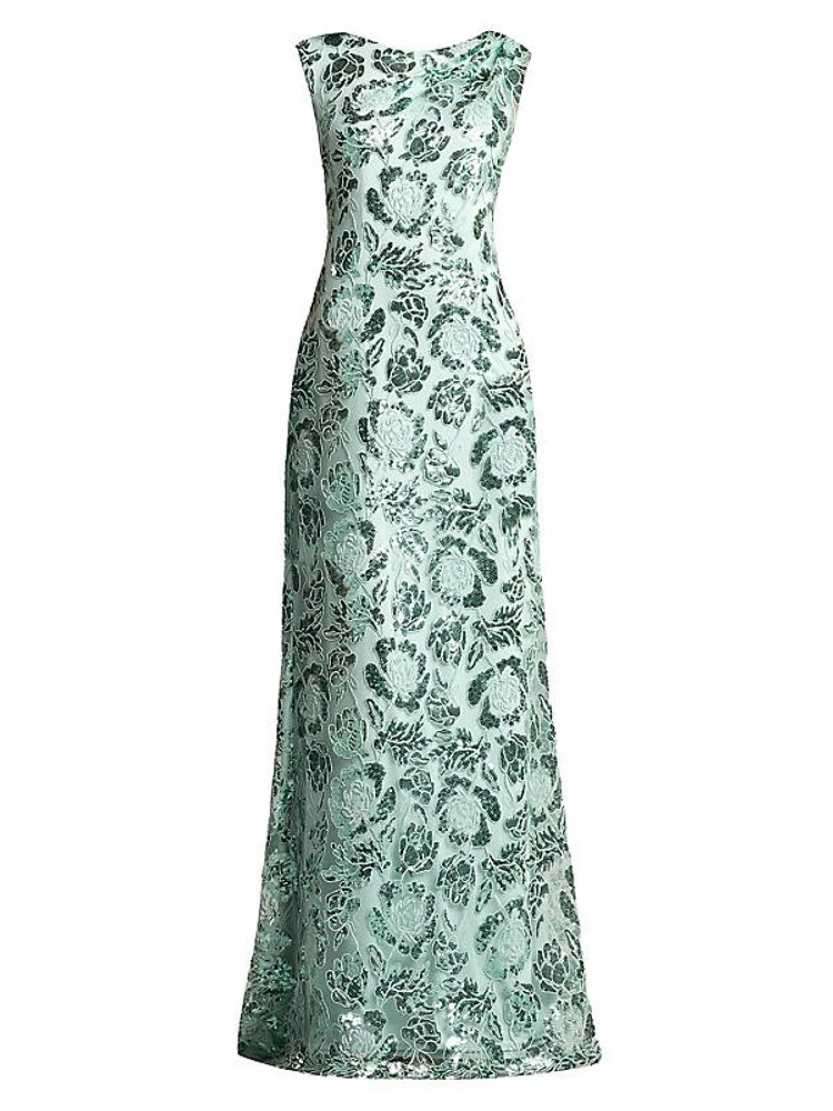 Boat Neck Floral Lace Sequin Gown