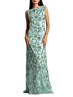 Boat Neck Floral Lace Sequin Gown