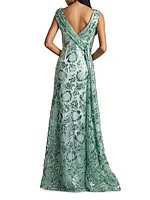 Boat Neck Floral Lace Sequin Gown