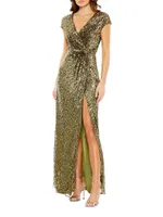 Sequin Faux-Wrap Cap-Sleeve Gown