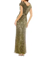 Sequin Faux-Wrap Cap-Sleeve Gown