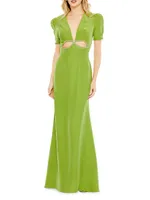 Ieena Puff-Sleeve Cut-Out Gown