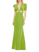 Ieena Puff-Sleeve Cut-Out Gown