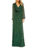 Sequin-Embellished Bishop-Sleeve Gown