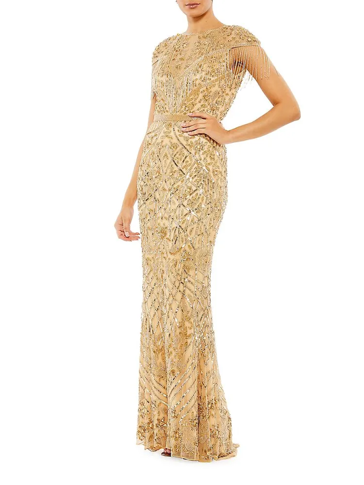 Embellished Fringe Cap-Sleeve Trumpet Gown