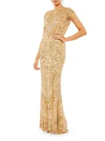 Embellished Fringe Cap-Sleeve Trumpet Gown