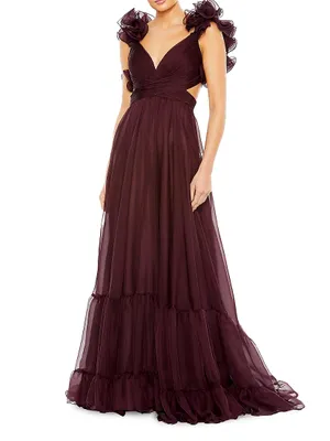 Ieena Ruffle Tiered Cut-Out Chiffon Gown