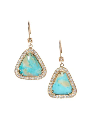 14K Yellow Gold, Mona Lisa Turquoise, & Diamond Triangular Drop Earrings