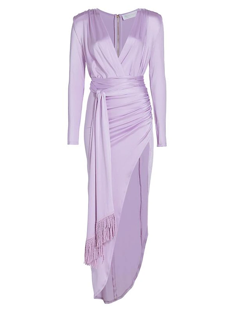 Belted Satin Jersey Wrap Maxi Dress