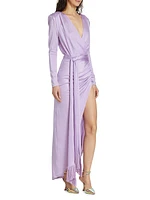 Belted Satin Jersey Wrap Maxi Dress