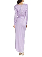 Belted Satin Jersey Wrap Maxi Dress