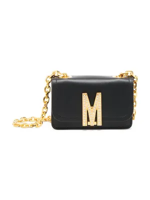 M Logo Crystal-Embellished Leather Shoulder Bag