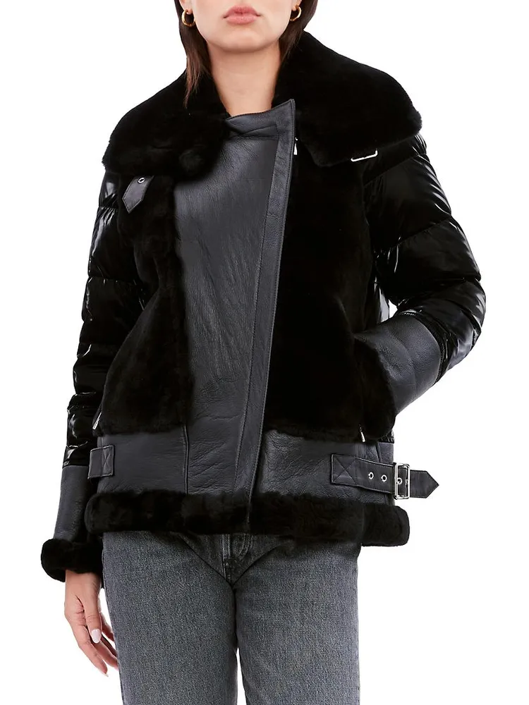 Mel Mixed Leather & Shearling Down Moto Jacket