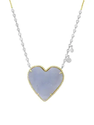 Two-Tone 14K Gold, Chalcedony, & Diamond Heart Pendant Necklace