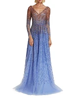 Ombre Embroidered Tulle Gown