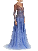 Ombre Embroidered Tulle Gown